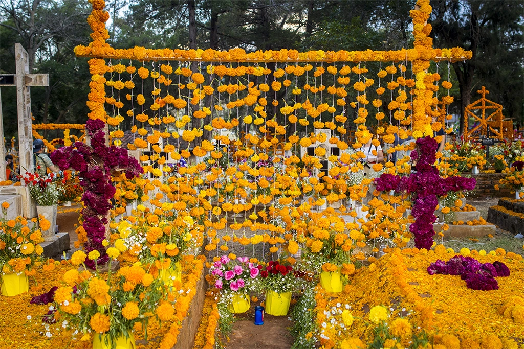 Gräber dekoriert mit Cempasúchil, lokale, typische Blumen