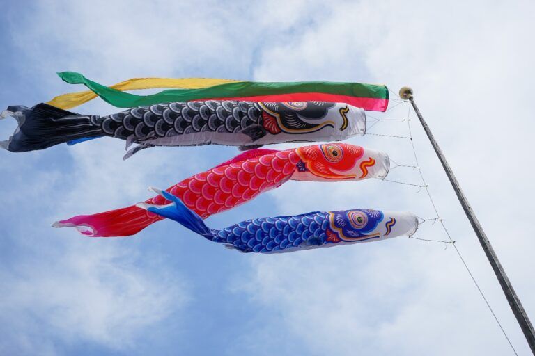 Koinobori Karpfenfahnen wehen am Kodomo no Hi, dem letzten Feiertag der Golden Week in Japan.