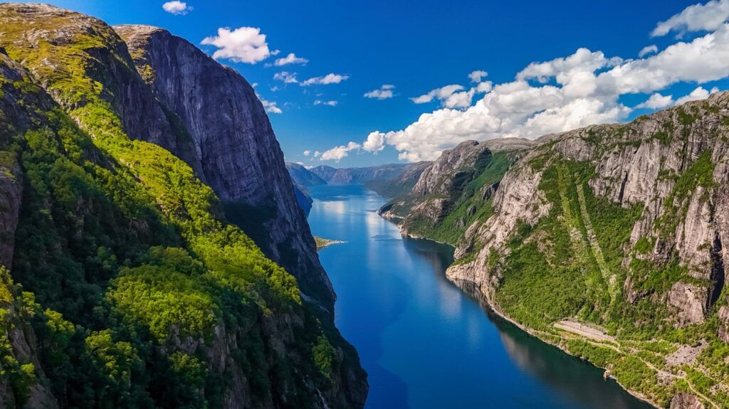 Spektakulärer Blick von oben auf den schmalen, blauen Lysefjord in Norwegen, eingebettet zwischen gigantischen, steilen Felswänden unter strahlend blauem Himmel.