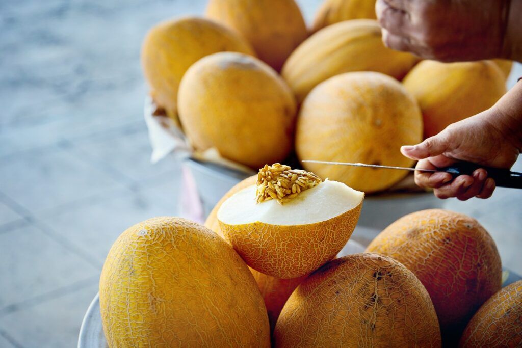 Ein Stapel großer, typisch usbekischer Melonen mit einer aufgeschnittenen Frucht im Vordergrund.