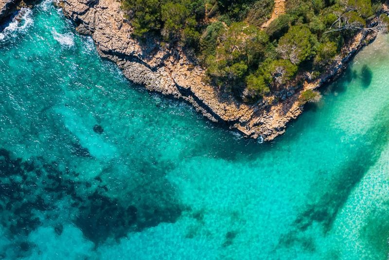 Drohnenaufnahme der Küste von Mallorca mit kristallklarem türkisblauen Meer, Felsen und Mittelmeer-Pinien