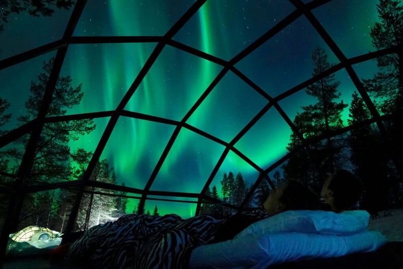 Person liegt in einem Glas-Iglu und beobachtet die leuchtenden Nordlichter über dem winterlichen Kiefernwald in Lappland, Finnland