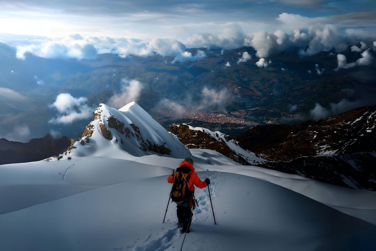 Bergsteiger mit Stöcken auf schneebedecktem Grat über den Wolken