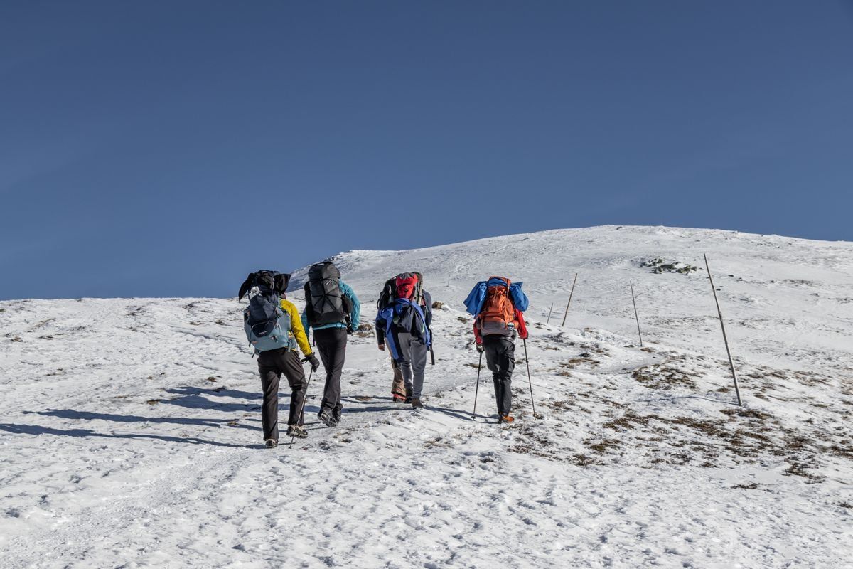 Vier Wandernde mit Rucksäcken steigen über einen verschneiten Hang unter blauem Himmel