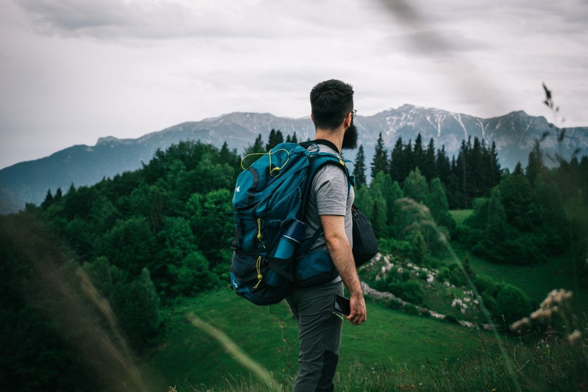 Wanderer mit blauem Rucksack blickt über grüne Hänge zu einer Bergkette