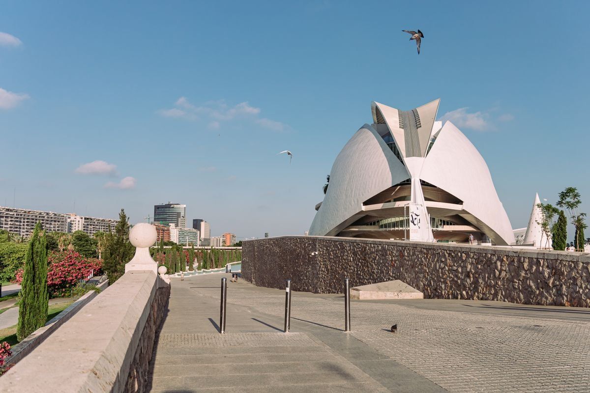 Breiter Weg zum Palau de les Arts mit Steinmauer, Bäumen und blauem Himmel